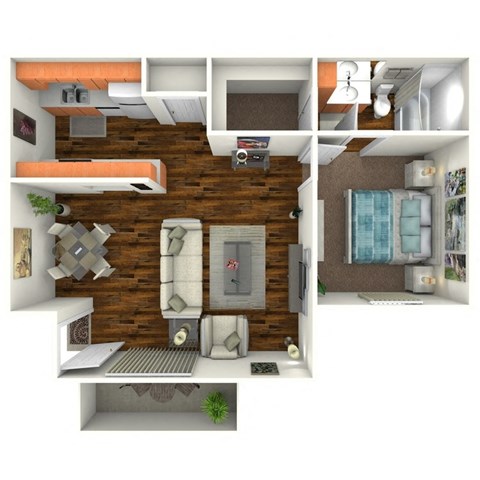 Floor plan for 1 bed, 1 bath, 605 sqft